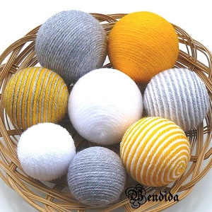 Gray Yellow White Decorative Balls for Bowls, Vase Filler Assorted Orbs, Yarn Wrapped Spheres, Dining Table Centerpiece, Elegant Home Decor.