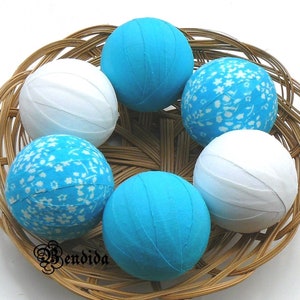 Blue and White Fabric Wrapped Rag Balls, Bowls or Vase Fillers Decorative Orbs Spheres, Farmhouse Table Centerpiece, Modern Rustic Decor.