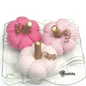 Pink Knitted Halloween Pumpkins, Fall Bowl or Vase Fillers Set of 3, Baby Shower Decoration, Autumn Table Centerpiece, Rustic Wedding Decor.