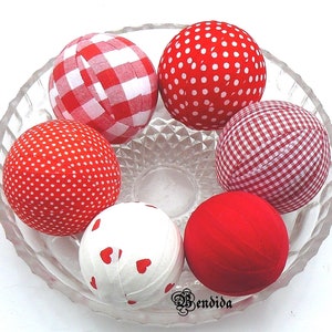 6 Red and White Decorative Rag Balls for Bowls, Vase Fillers Orbs, Fabric Covered Spheres, Dining Table Centerpiece, Valentines Day Decor.