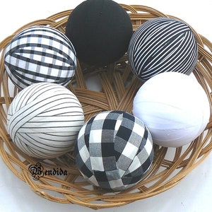Black and White Decorative Rag Balls for Bowls, Vase Fillers Orbs, Fabric Covered Spheres, Dining Table Centerpiece, Modern Farmhouse Decor.
