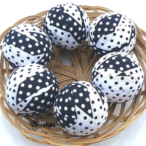 Black White Polka Dot Fabric Wrapped Rag Balls for Bowls, Vase Filler Decorative Orbs Spheres, Coffee Table Centerpiece, Rustic Home Decor.