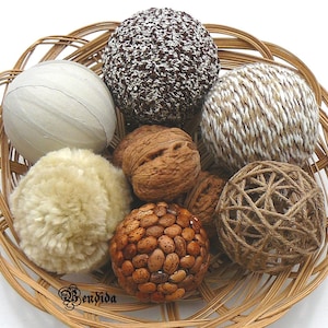 Textured Decorative Balls for Bowls, Vase Fillers Orbs, Yarn Wrapped Spheres, Tiered Tray, Rustic Table Centerpiece, Primitive Home Decor.