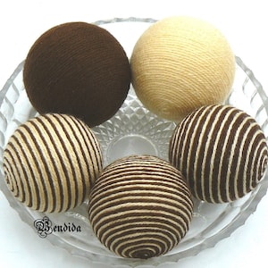 Beige and Brown Decorative Balls for Bowls, Vase Fillers Orbs, Yarn Wrapped Striped Spheres, Coffee Table Centerpiece, Dining Room Decor.
