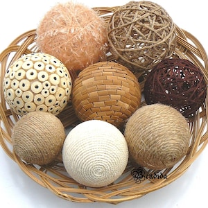 Textured Decorative Balls for Bowl, Vase Fillers Assorted Orbs, Yarn Twine Wrapped Spheres, Farmhouse Table Centerpiece, Neutral Home Decor.
