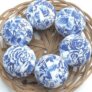 Blue and White Chinoiserie Fabric Wrapped Rag Balls for Bowls, Vase Fillers Decorative Orbs Spheres, Table Centerpiece, Year Round Decor.