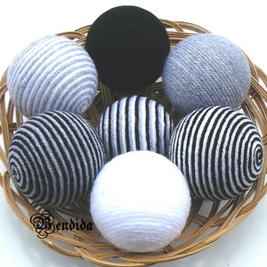 Gray Black White Decorative Balls for Bowl, Vase Fillers Orbs, Yarn Wrapped Striped Spheres, Coffee Table Centerpiece, Aesthetic Home Decor.
