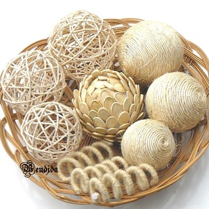 7 Twine and Sisal Decorative Balls for Bowls, Vase Fillers Ivory Orbs, Seeds Sphere, Farmhouse Rustic Table Centerpiece, Neutral Home Decor.