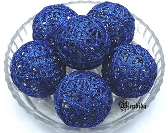 Blue Decorative Balls for Bowls, Vase Fillers Glitter Orbs, Yarn Wrapped Sparkle Spheres, Dining Table Centerpiece, Modern Home Decor.