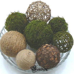 8 Moss and Twine Decorative Balls for Bowls, Vase Fillers Orbs, Jute Rope Spheres, Rustic Farmhouse Table Centerpiece, Natural Home Decor.