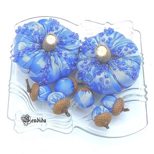 Blue Fabric Pumpkins with Beads and Acorns Set, Decorative Bowl or Vase Fillers, Fall Tiered Tray, Table Centerpiece, Halloween Home Decor.