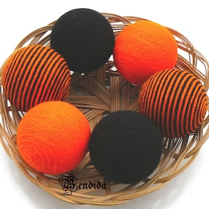 Orange and Black Decorative Balls for Bowls, Vase Filler Orbs, Yarn Wrapped Striped Spheres, Dining Table Centerpiece, Halloween Home Decor.