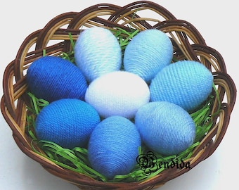 Blue Yarn Wrapped Easter Eggs, Bowl or Vase Fillers Ornaments, Spring Wreath Attachments, Decorative Table Centerpiece, Beach House Decor.
