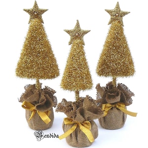 Gold Mini Christmas Tree in Burlap Pouch, Yarn Topiary for Mantel or Shelf Sitter, Decorative Table top Centerpiece, Winter Wedding Decor.