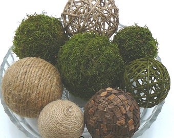 8 Moss and Twine Decorative Balls for Bowls, Vase Fillers Orbs, Jute Rope Spheres, Rustic Farmhouse Table Centerpiece, Natural Home Decor.