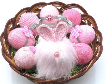 Pink Easter Eggs and Bunny Rabbit Gnome Set, Decorative Bowl or Vase Fillers, Yarn Wrapped Ornaments, Table Centerpiece, Spring Home Decor.
