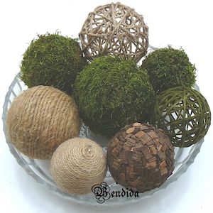 8 Moss and Twine Decorative Balls for Bowls, Vase Fillers Orbs, Jute Rope Spheres, Rustic Farmhouse Table Centerpiece, Natural Home Decor.