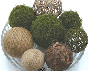 8 bolas decorativas de musgo y cuerda para cuencos, rellenos de jarrones, esferas de cuerda de yute, centro de mesa rústico de granja, decoración natural para el hogar.