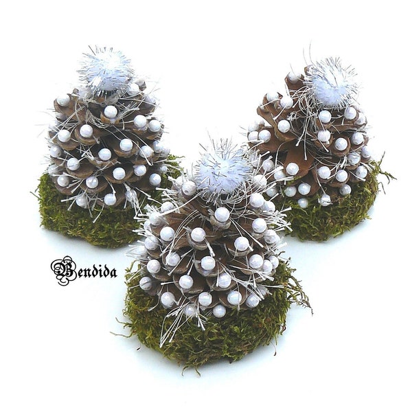 3 Mini Christmas Tree of Natural Pine Cones with Beads on Moss Stand, Farmhouse Table top Centerpiece, Shelf Sitter, Primitive Winter Decor.