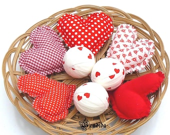 Valentine's Fabric Hearts and Rag Balls, Red & White Set of 8, Rustic Bowl or Vase Fillers, Farmhouse Table Centerpiece, Tiered Tray Decor.