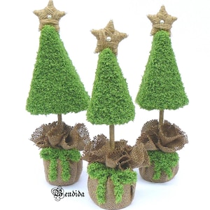 Mini Christmas Tree in Burlap Pouch, Green Yarn Topiary, Winter Mantel or Shelf Sitter, Decorative Table top Centerpiece, Holiday Home Decor