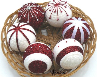 Christmas Decorative Balls for Bowls, Vase Fillers Orbs, Red and White Yarn Wrapped Spheres, Holiday Table Centerpiece, Winter Home Decor.