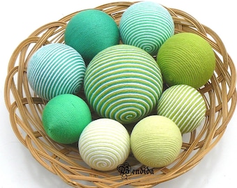 Green Decorative Balls for Bowls, Vase Fillers Orbs, Yarn Wrapped Striped Spheres, Spring Dining Table Centerpiece, St. Patrick's Day Decor.