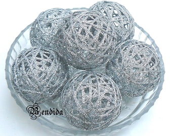 2" or 3" Silver Decorative Balls for Bowls, Vase Fillers Orbs, Yarn Wrapped Sparkle Spheres, Tiered Tray Decor, Coffee Table Centerpiece.