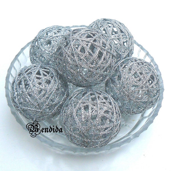 2" or 3" Silver Decorative Balls for Bowls, Vase Fillers Orbs, Yarn Wrapped Sparkle Spheres, Tiered Tray Decor, Coffee Table Centerpiece.