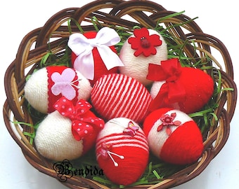 Red and White Yarn Wrapped Easter Eggs, Decorative Tree Ornaments, Bowl or Vase Fillers, Dining Table Centerpiece, Spring Wedding Decor.