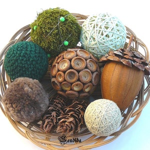 7 Decorative Balls for Bowls, Vase Fillers Textured Orbs, Yarn Wrapped Spheres, Primitive Farmhouse Table Centerpiece, Country Home Decor.