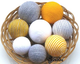 Gray Yellow White Decorative Balls for Bowls, Vase Filler Assorted Orbs, Yarn Wrapped Spheres, Dining Table Centerpiece, Elegant Home Decor.