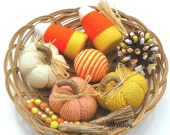Halloween Bowls Fillers, Knitted White Yellow Pumpkins, Yarn Candy Corn, Decorative Pine Cone, Fall Table Centerpiece, Autumn Home Decor.