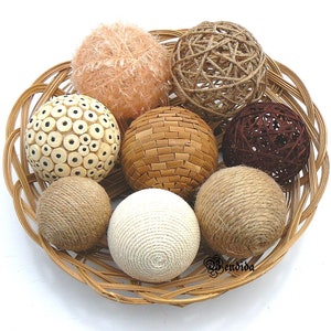 Textured Decorative Balls for Bowl, Vase Fillers Assorted Orbs, Yarn Twine Wrapped Spheres, Farmhouse Table Centerpiece, Neutral Home Decor.