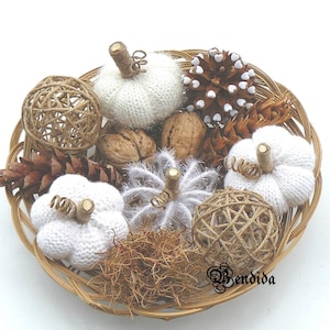 White Knit Pumpkins, Twine Decorative Balls, Natural Pine Cones, Fall Bowls or Vase Fillers, Autumn Table Centerpiece, Halloween Home Decor.