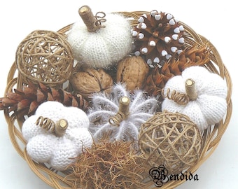 White Knit Pumpkins, Twine Decorative Balls, Natural Pine Cones, Fall Bowls or Vase Fillers, Autumn Table Centerpiece, Halloween Home Decor.