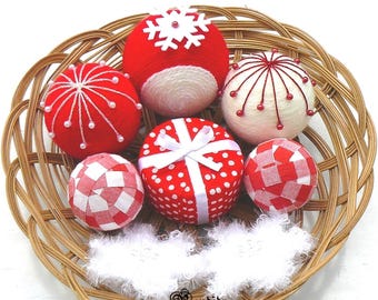 Snowflake Christmas Decorative Balls for Bowls, Vase Fillers White Red Orbs, Fabric Wrapped Spheres, Table Centerpiece, Winter Home Decor.