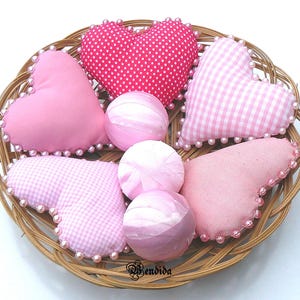 Pink Fabric Hearts and Rag Balls, Valentines Day Decor, Decorative Bowls or Vase Fillers, Beaded Mini Stuffed Pillows, Farmhouse Tiered Tray