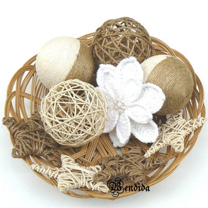 Bolas decorativas de hilo y estrellas de yute para cuencos, esferas para rellenar jarrones, flor de Pascua blanca, centro de mesa, decoración navideña primitiva.