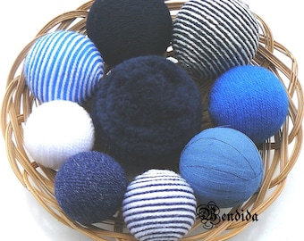 Navy Blue White Decorative Balls for Bowls, Vase Fillers Assorted Orbs, Yarn Wrapped Spheres, Dining Table Centerpiece, Nautical Home Decor.