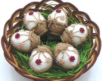 Twine and White Yarn Wrapped Easter Eggs on Stand, Floral Mini Basket, Bowl Vase Fillers, Decorative Table Centerpiece, Spring Home Decor.