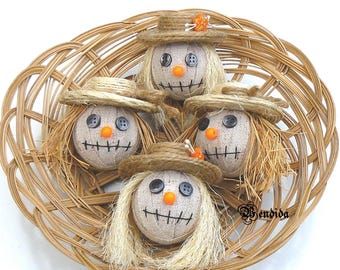 4 Primitive Scarecrow Head, Halloween Bowls Fillers, Farmhouse Table Centerpiece, Autumn Tiered Tray, Wreath Attachments, Rustic Fall Decor.