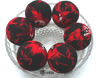 6 Red and Black Rag Balls for Bowls, Decorative Orbs Vase Fillers, Fabric Covered Spheres, Farmhouse Table Centerpiece, Modern Rustic Decor.