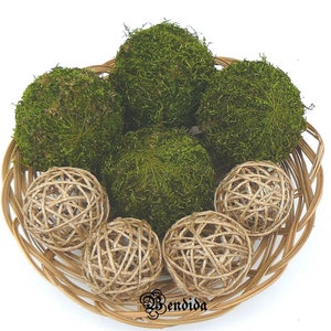 Moss Twine Decorative Balls for Bowls, Vase Fillers Orbs, Jute Rope Wrapped Spheres, Rustic Cottage Table Centerpiece, Natural Home Decor.
