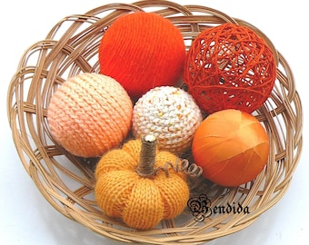 Orange Decorative Balls for Bowl, Basket Vase Filler Orbs, Knit Pumpkin, Yarn Wrapped Spheres, Farmhouse Table Centerpiece, Fall Home Decor.