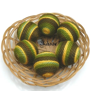 Yellow Brown and Green Decorative Balls for Bowls, Vase Fillers Orbs, Yarn Wrapped Striped Spheres, Table Centerpiece, Country Home Decor.