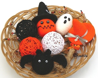 Halloween Bowls Fillers Set, Mini Witch Hat, Broom Ghost Bat Pumpkin, Decorative Yarn Balls, Dining Table Centerpiece, Primitive Fall Decor.