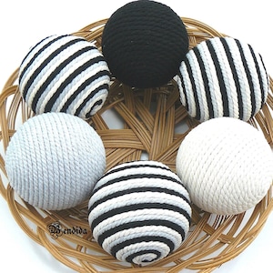 Gray Black and White Decorative Balls for Bowls, Vase Fillers Orbs, Macrame Rope Yarn Wrapped Spheres, Table Centerpiece, Trendy Home Decor.
