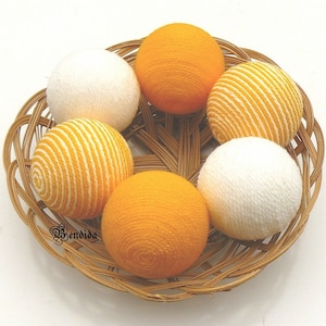 Yellow and White Decorative Balls for Bowls, Vase Fillers Orbs, Yarn Wrapped Striped Spheres, Dining Table Centerpiece, Summer Home Decor. image 1