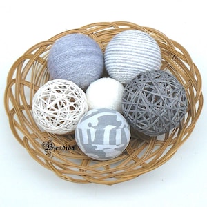Gray and White Decorative Balls for Bowl, Vase Fillers Orbs, Yarn Wrapped Spheres, Dining Room Table Centerpiece, Rustic Holiday Home Decor.
